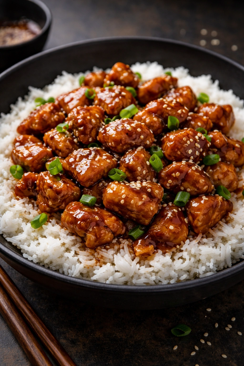 Teriyaki chicken with glossy sauce over rice