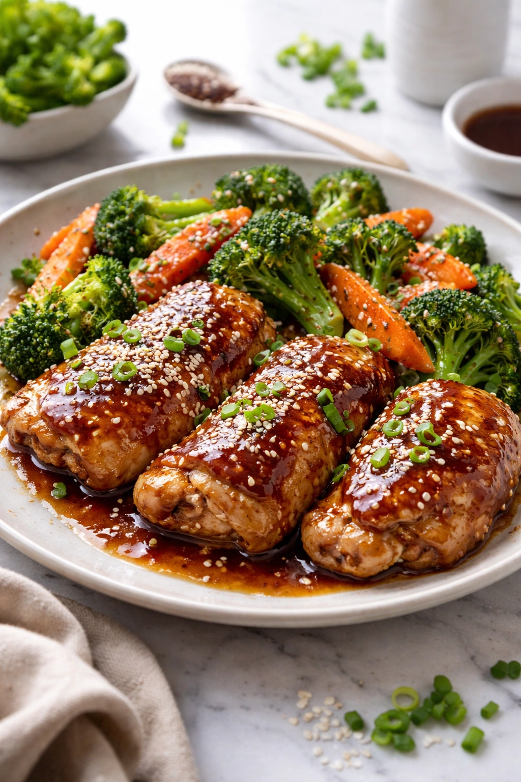 Close-up of teriyaki chicken thighs with sesame vegetables on a plate