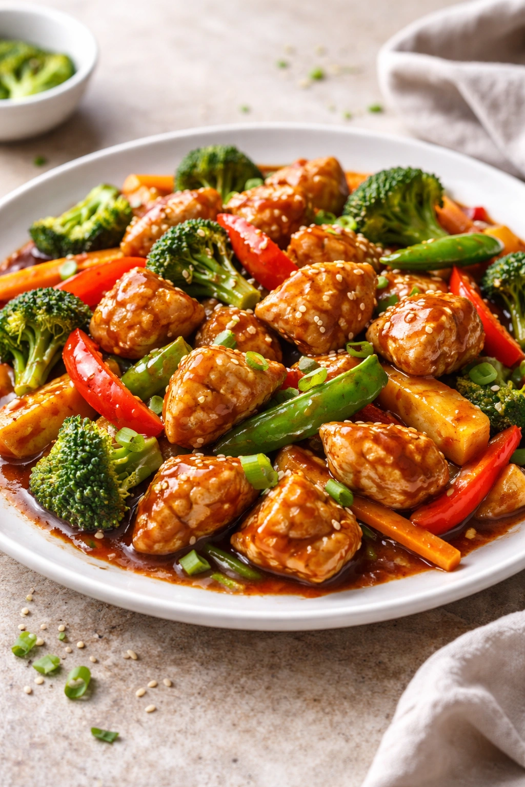 Close-up of Asian Teriyaki Chicken Stir-Fry with vegetables and sesame seeds
