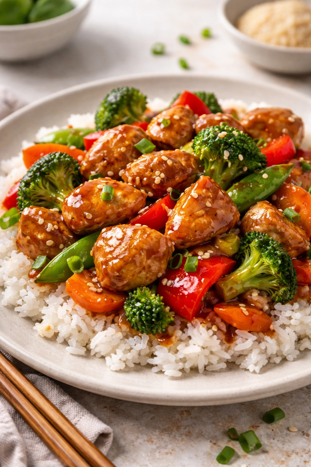 Teriyaki chicken stir-fry with colorful vegetables and glossy sauce