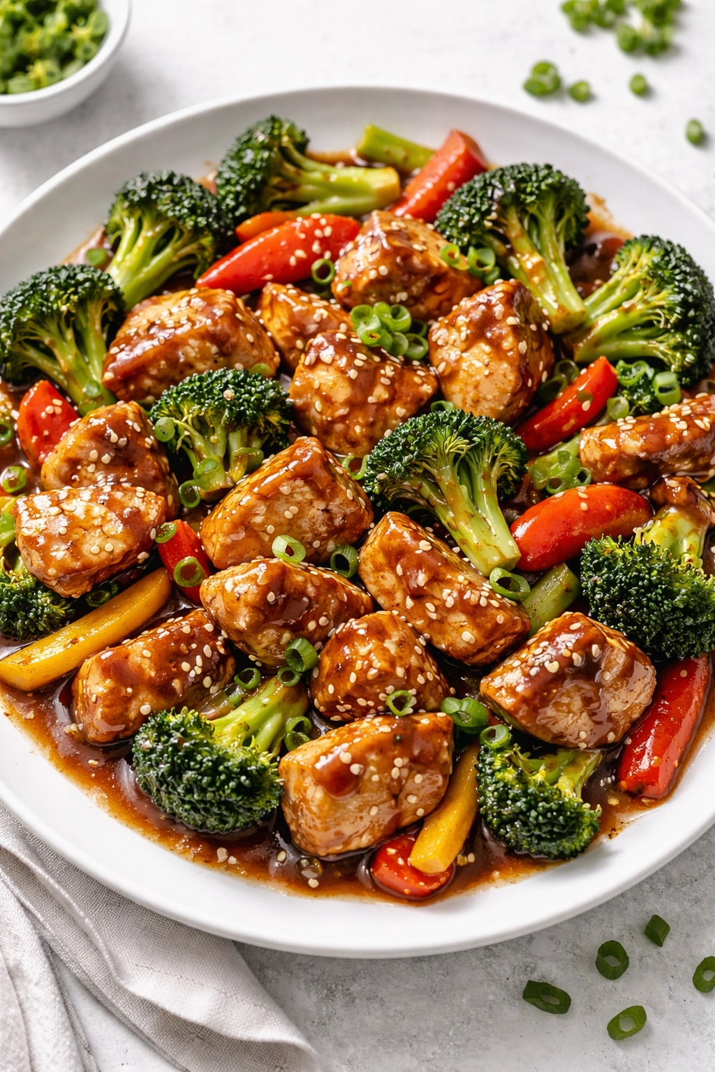 Teriyaki chicken with broccoli and peppers on a white plate