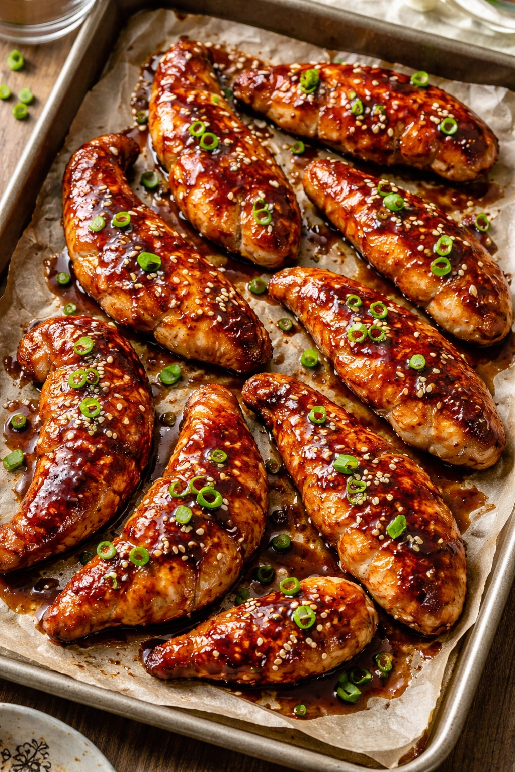 Teriyaki glazed chicken tenders with caramelized edges