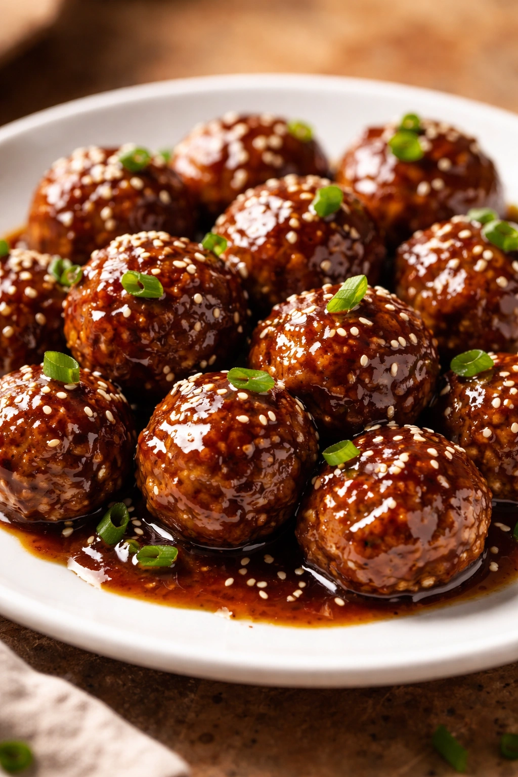 Close-up of glossy teriyaki meatballs on a white plate with thick glaze.