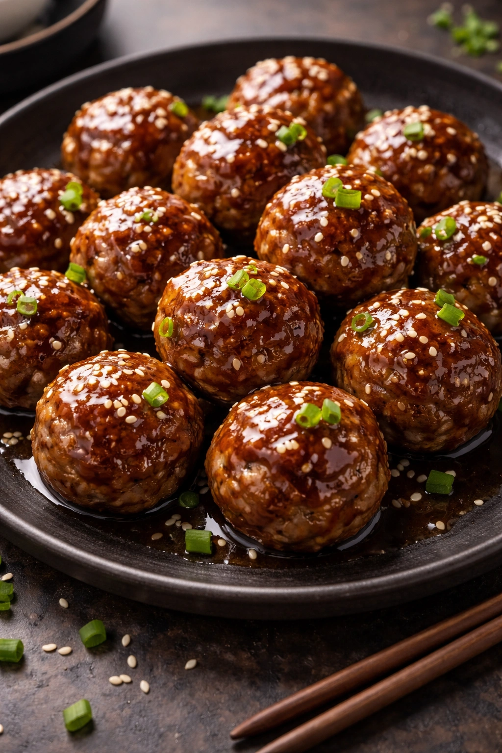 Teriyaki glazed meatballs on a dark plate