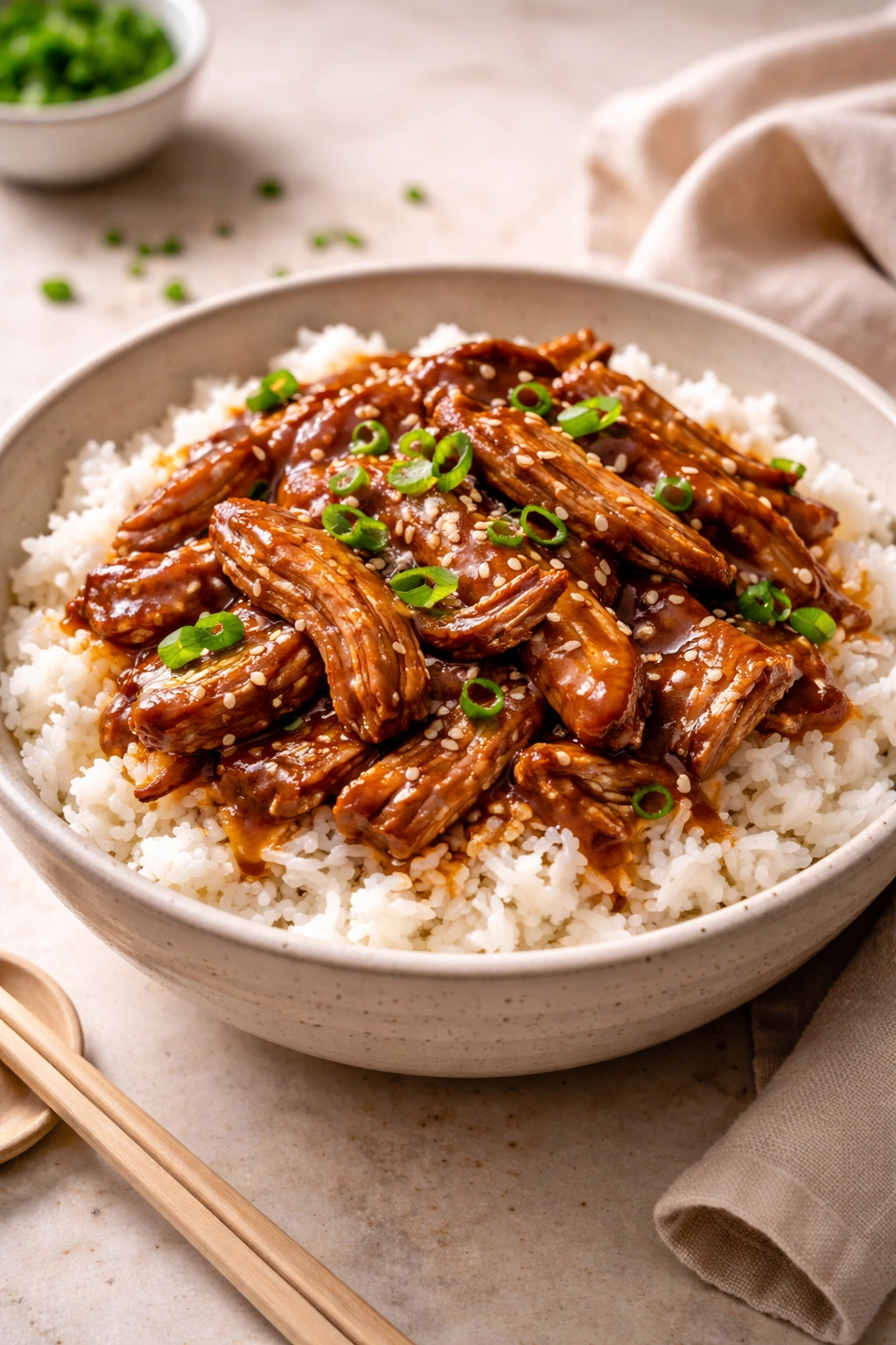 Tender teriyaki pork over rice in a clean bowl