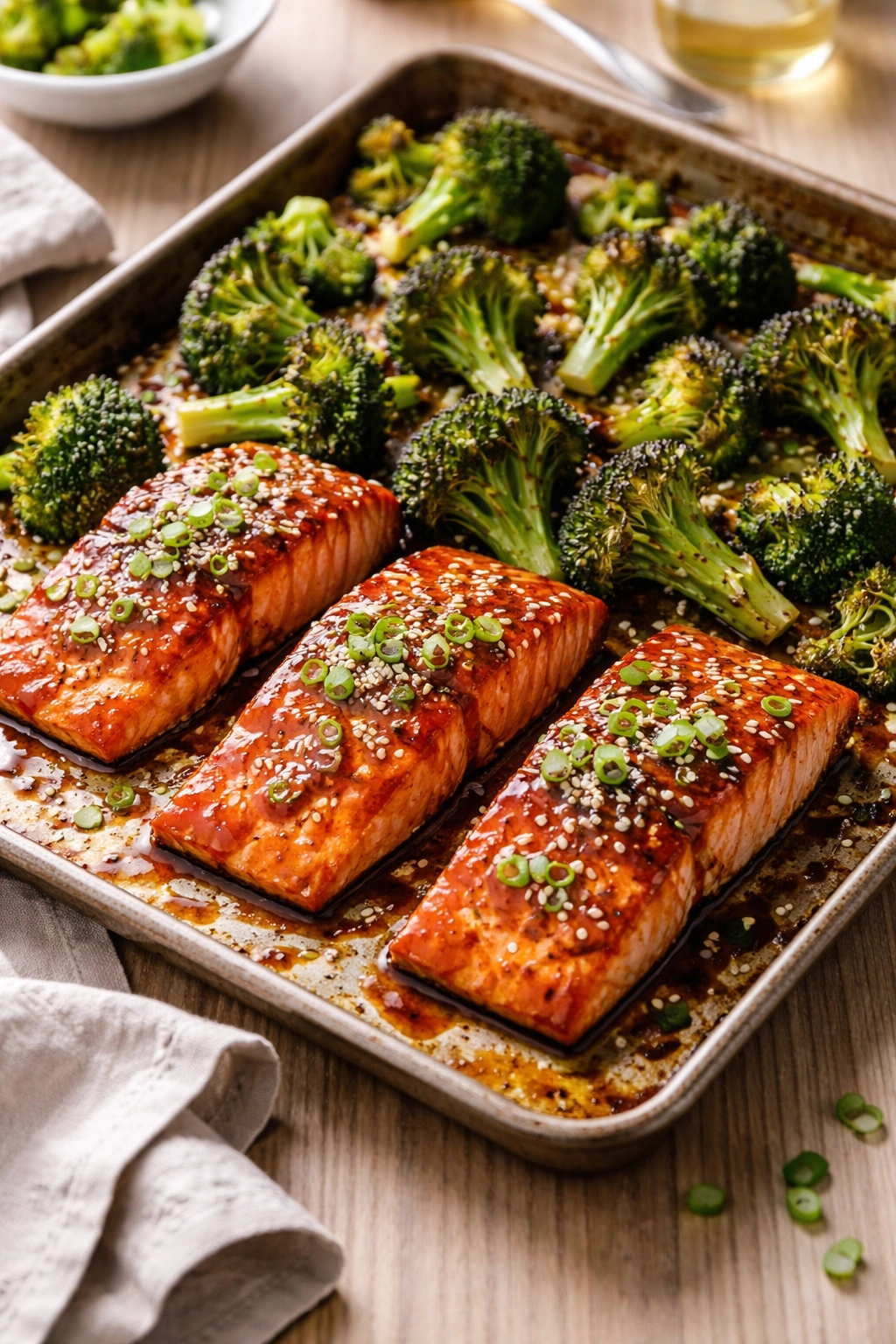 Teriyaki salmon with roasted broccoli on a sheet pan