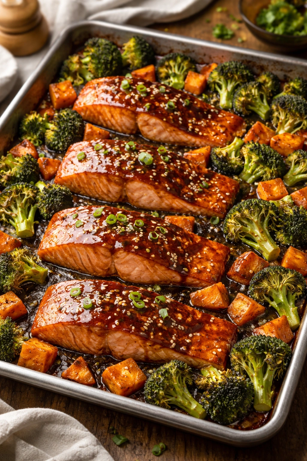 Teriyaki salmon with broccoli and sweet potatoes on sheet pan