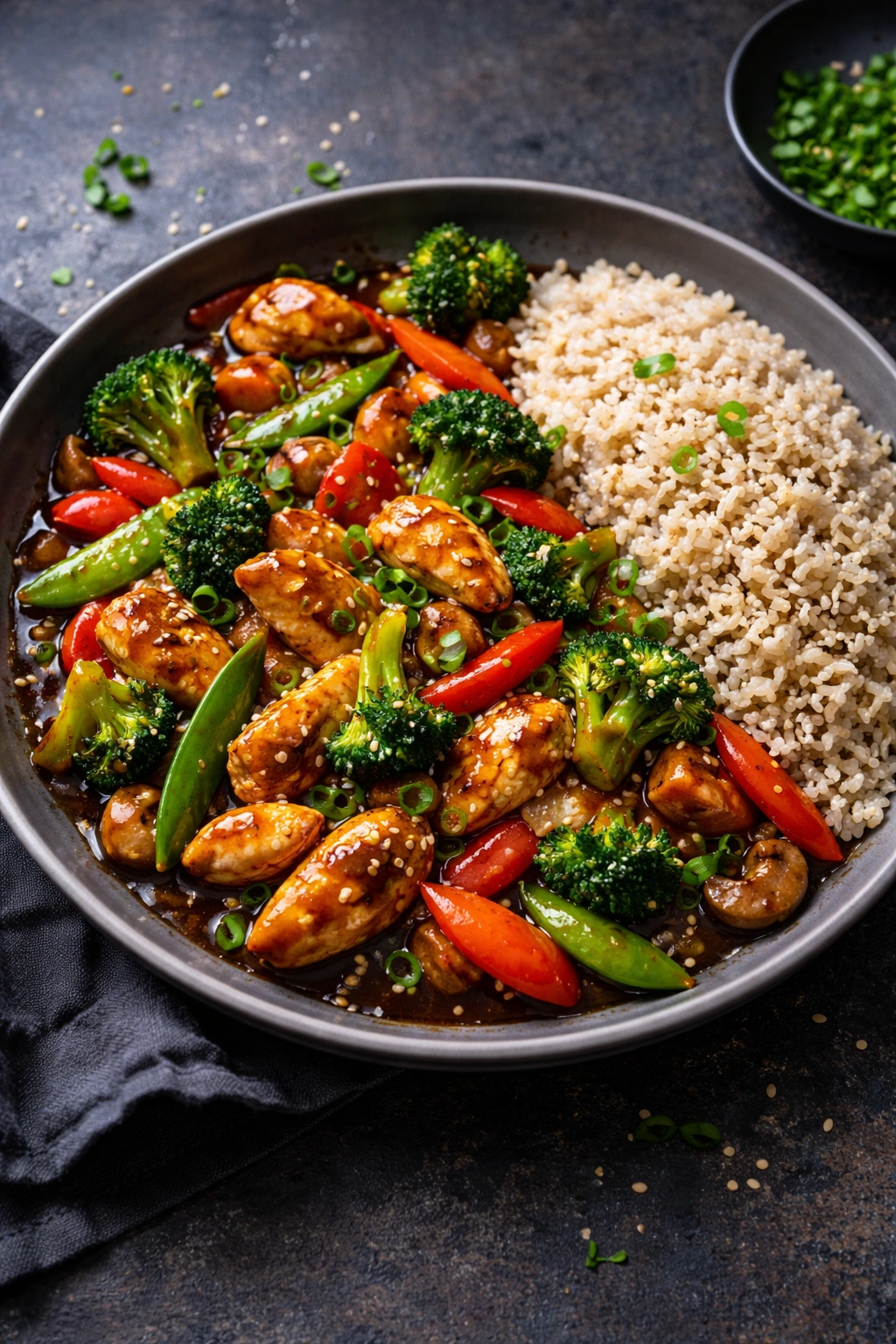 Teriyaki stir-fry with brown rice on a plate