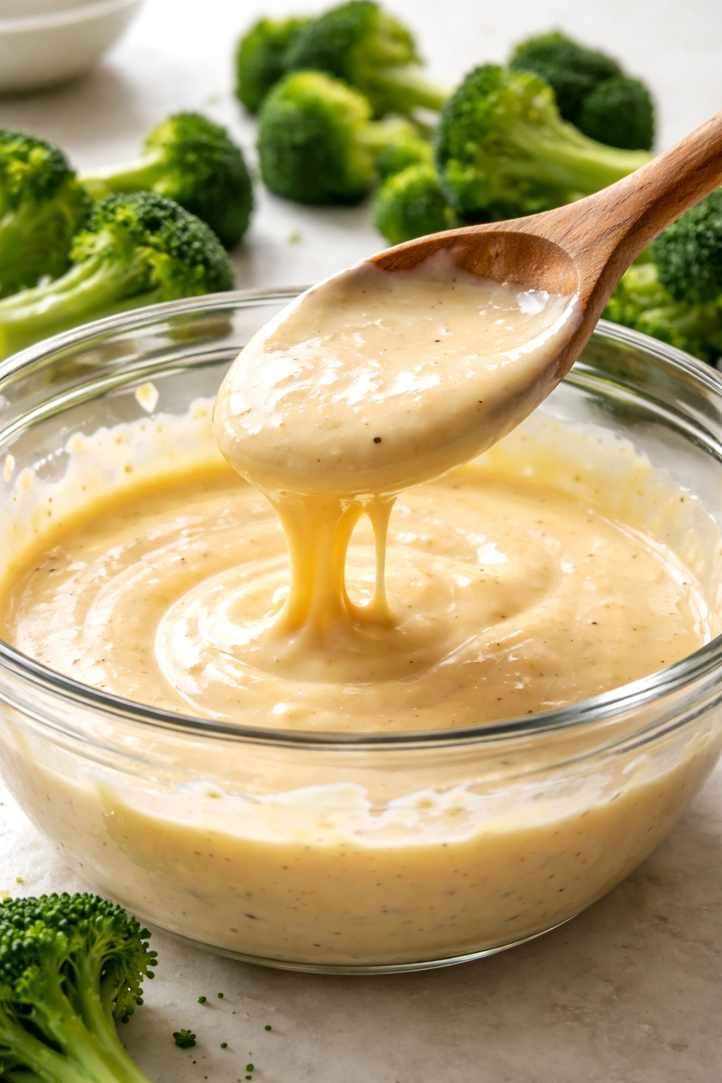 Creamy sauce with defined trail on spoon and broccoli nearby