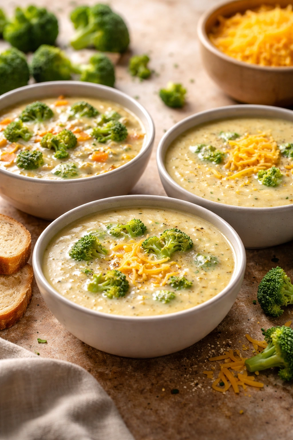Three textures of broccoli cheddar soup: chunky, smooth, blended in bowls