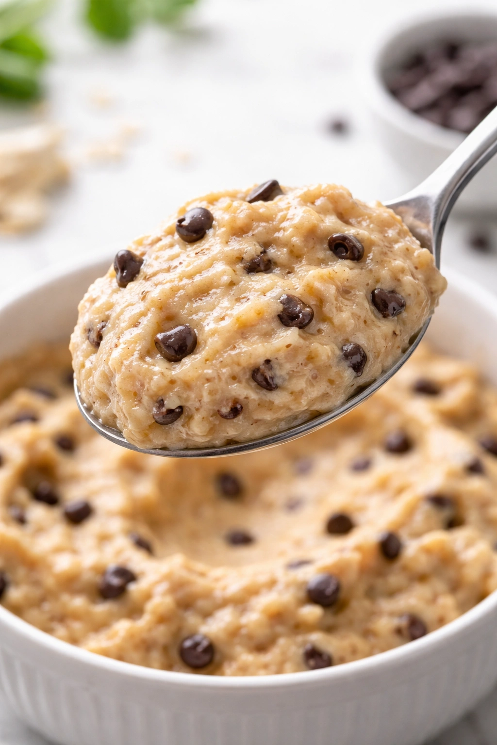 Glossy scoop of cottage cheese cookie dough showing creamy texture