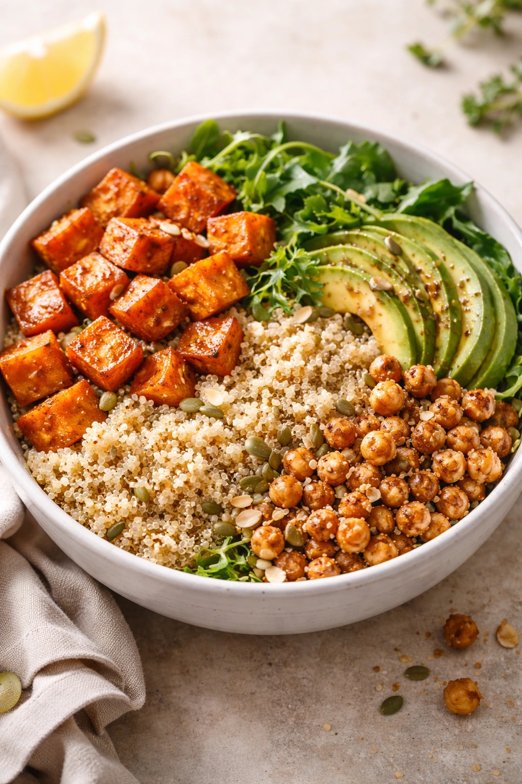 Close-up of a satisfying bowl showing texture contrasts of ingredients.