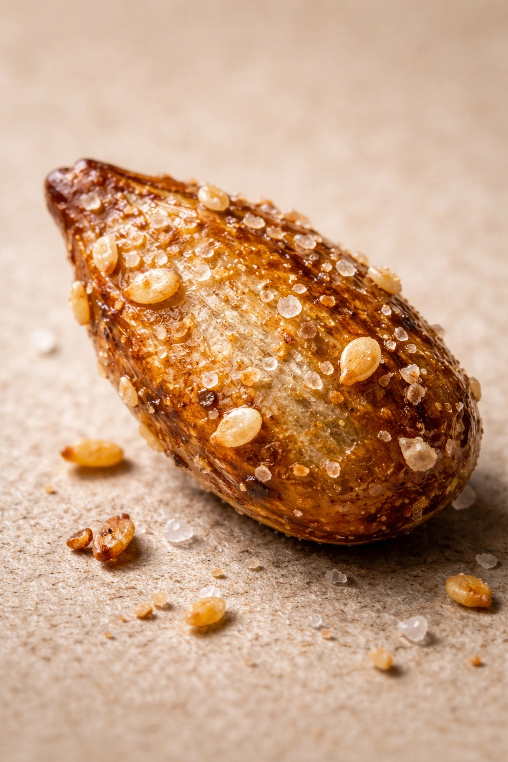 Macro shot of a single toasted seed highlighting crunch texture