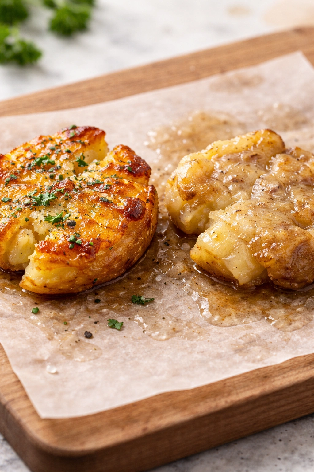 Contrast between crisp potatoes and soggy ones to illustrate common mistakes