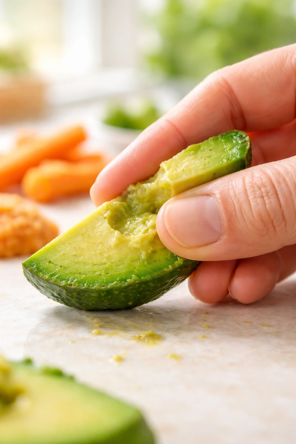 Thumb pressure squishing avocado showing soft texture test