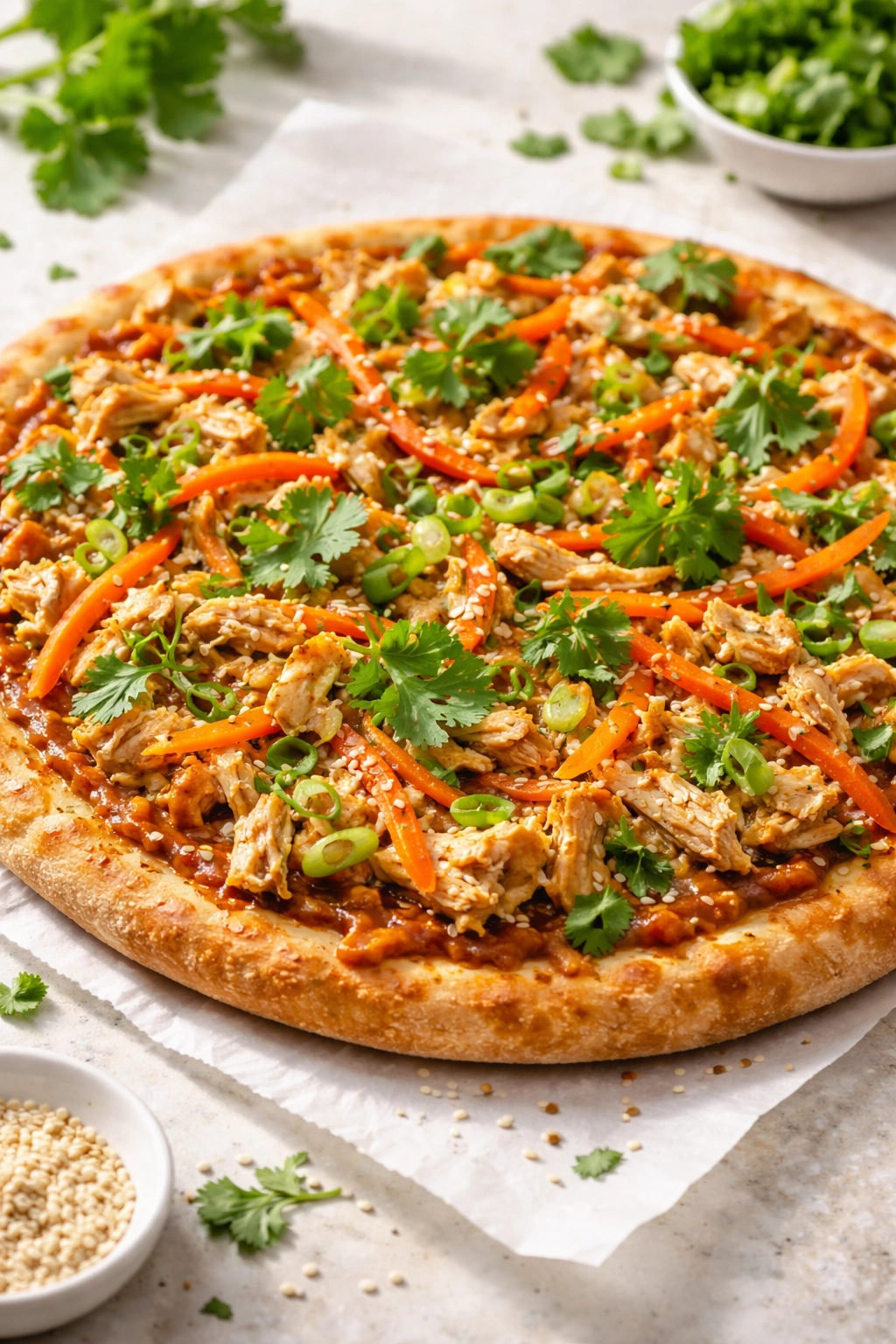 Thai peanut chicken pizza with vegetables on crust