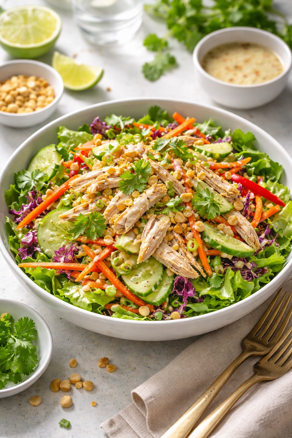 Vibrant thai inspired chicken salad in a bowl with greens and vegetables