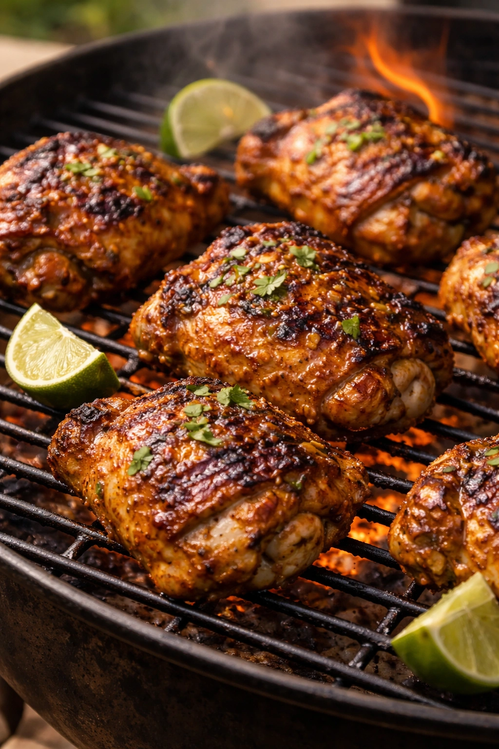 Grilled chicken thighs with coconut-curry glaze on a grill