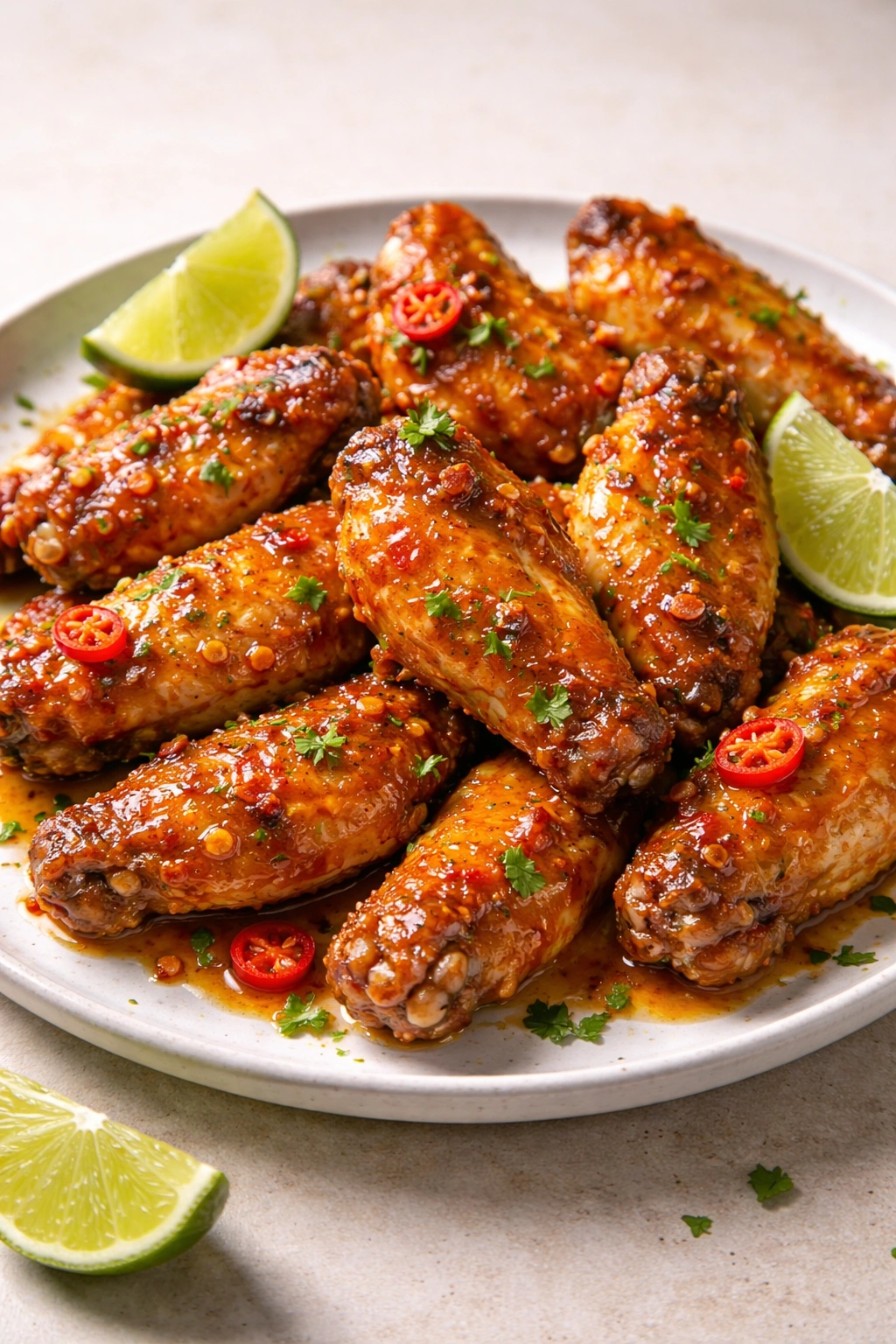 Thai chili lime wings with bright orange glaze