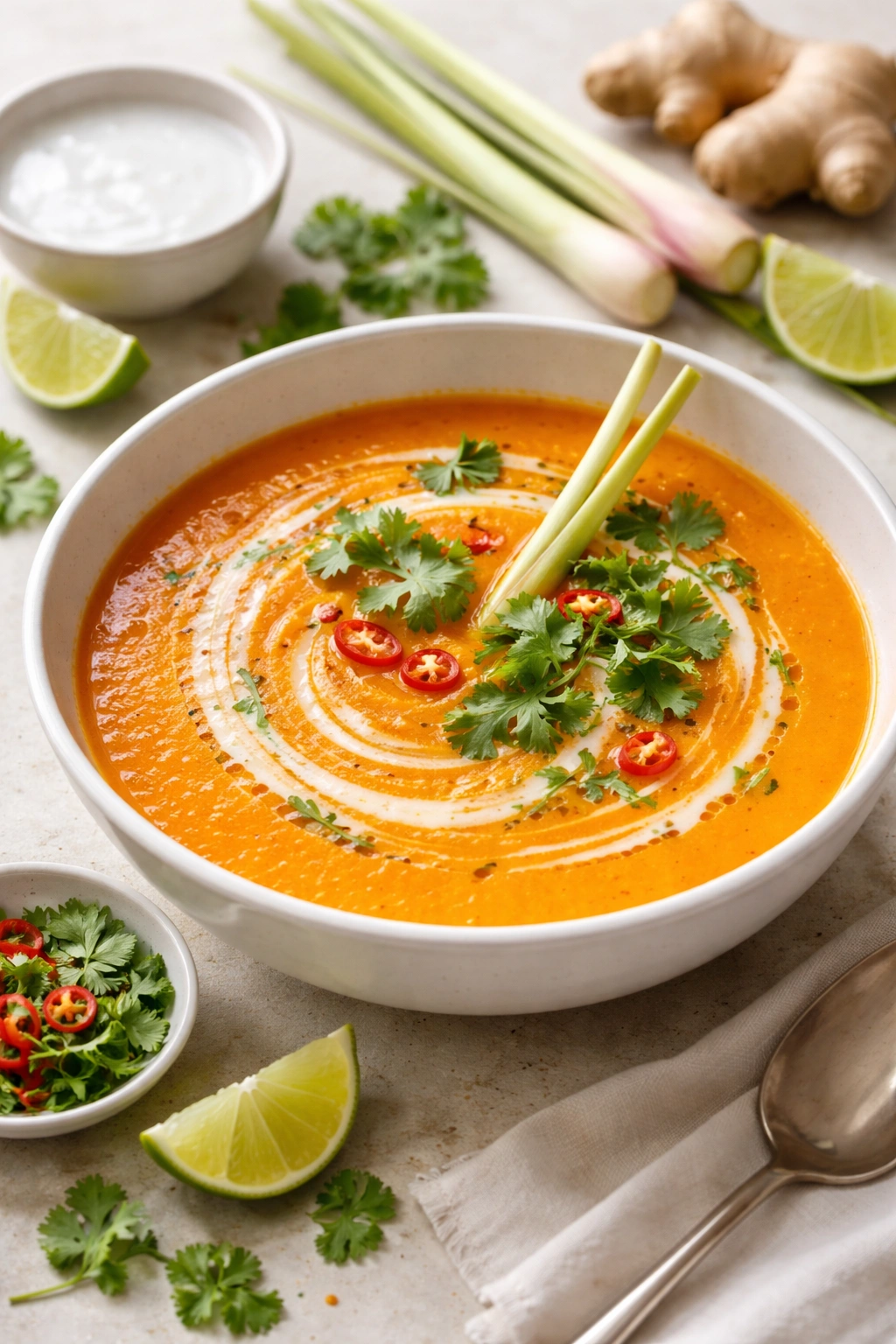 Orange carrot soup with coconut milk swirl and lemongrass garnish