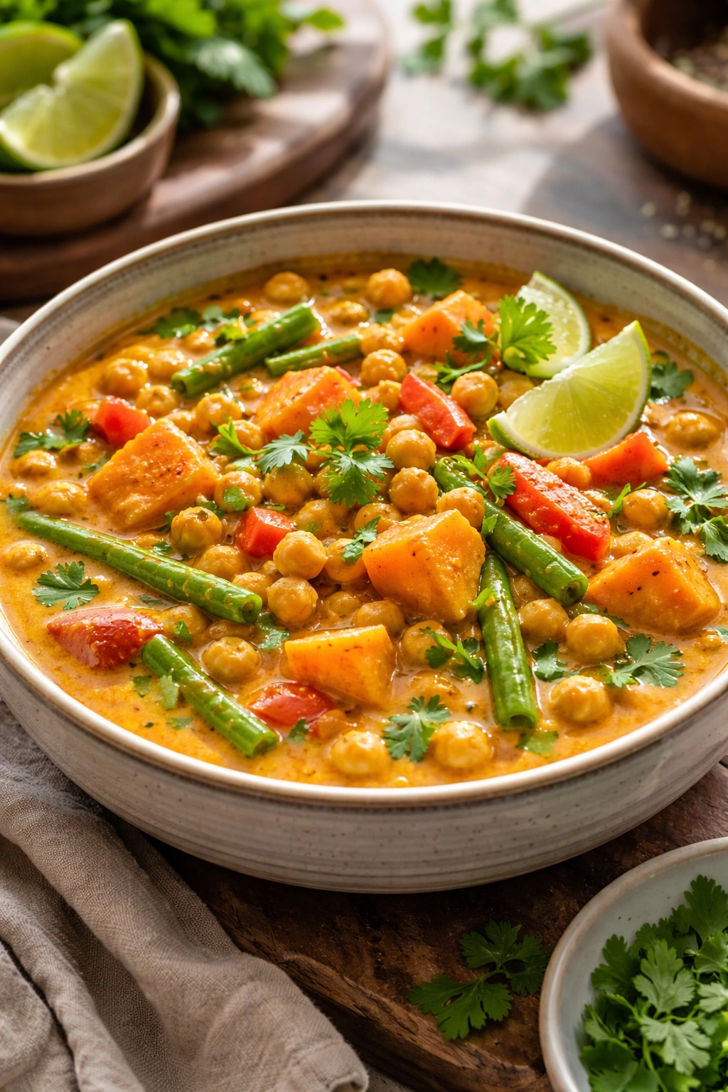 Bright Thai coconut curry with chickpeas in a bowl