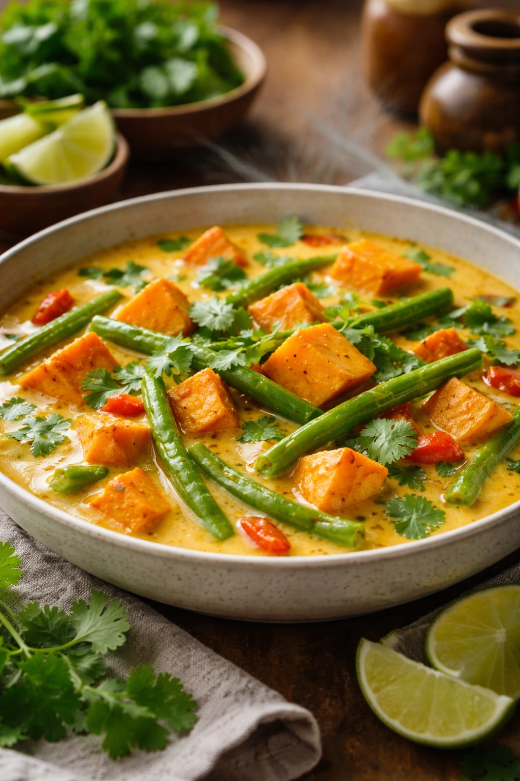 Thai curry with sweet potato and green beans in coconut milk in a bowl
