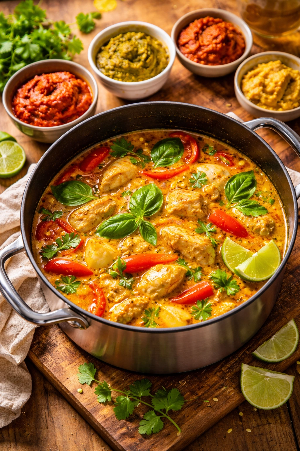 Close-up of Thai curry in a pot with swirls suggesting variations