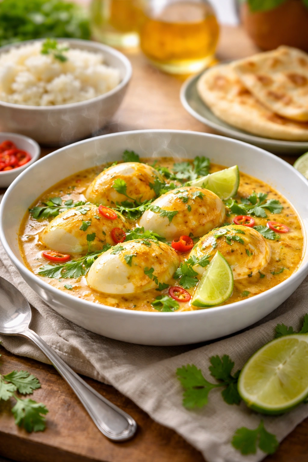 Bowl of Thai-inspired egg curry with coconut milk, lime, and herbs