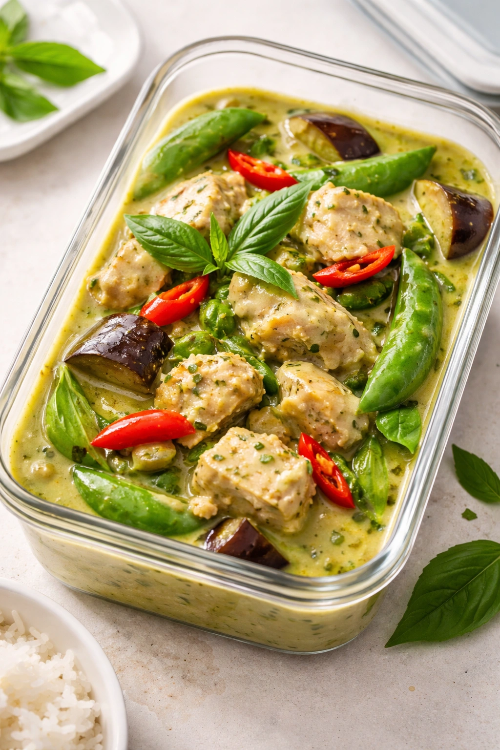 Close-up of Thai green curry chicken with peppers and snap peas in a creamy green sauce.