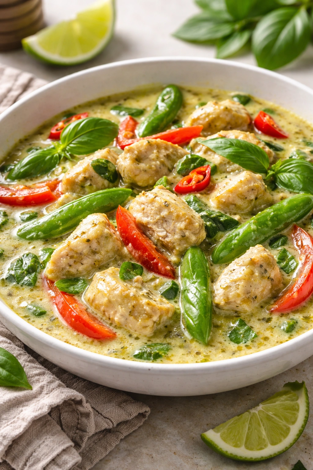 Thai green curry chicken in coconut milk with peppers and snap peas in a bowl