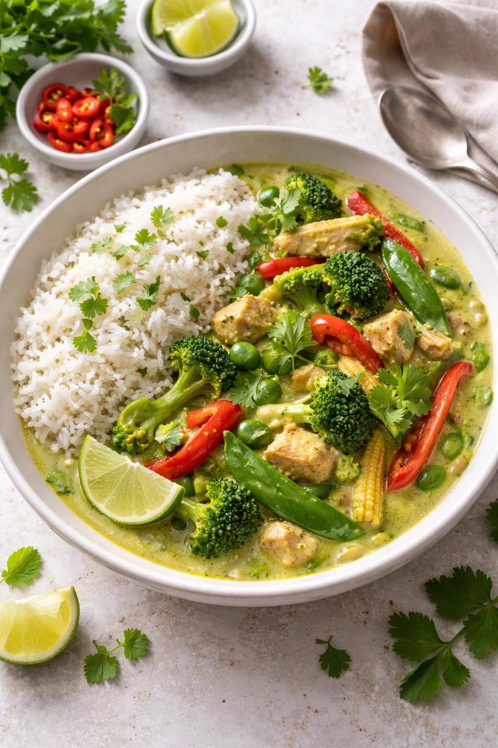 Vibrant Thai green curry with vegetables and jasmine rice in a white bowl