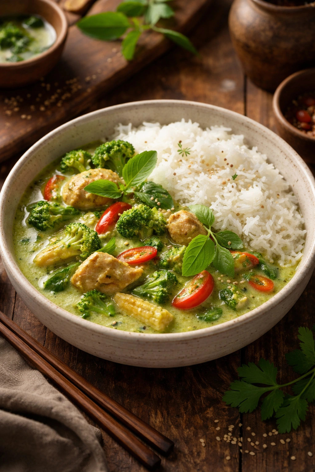 Thai green curry with jasmine rice in a bowl