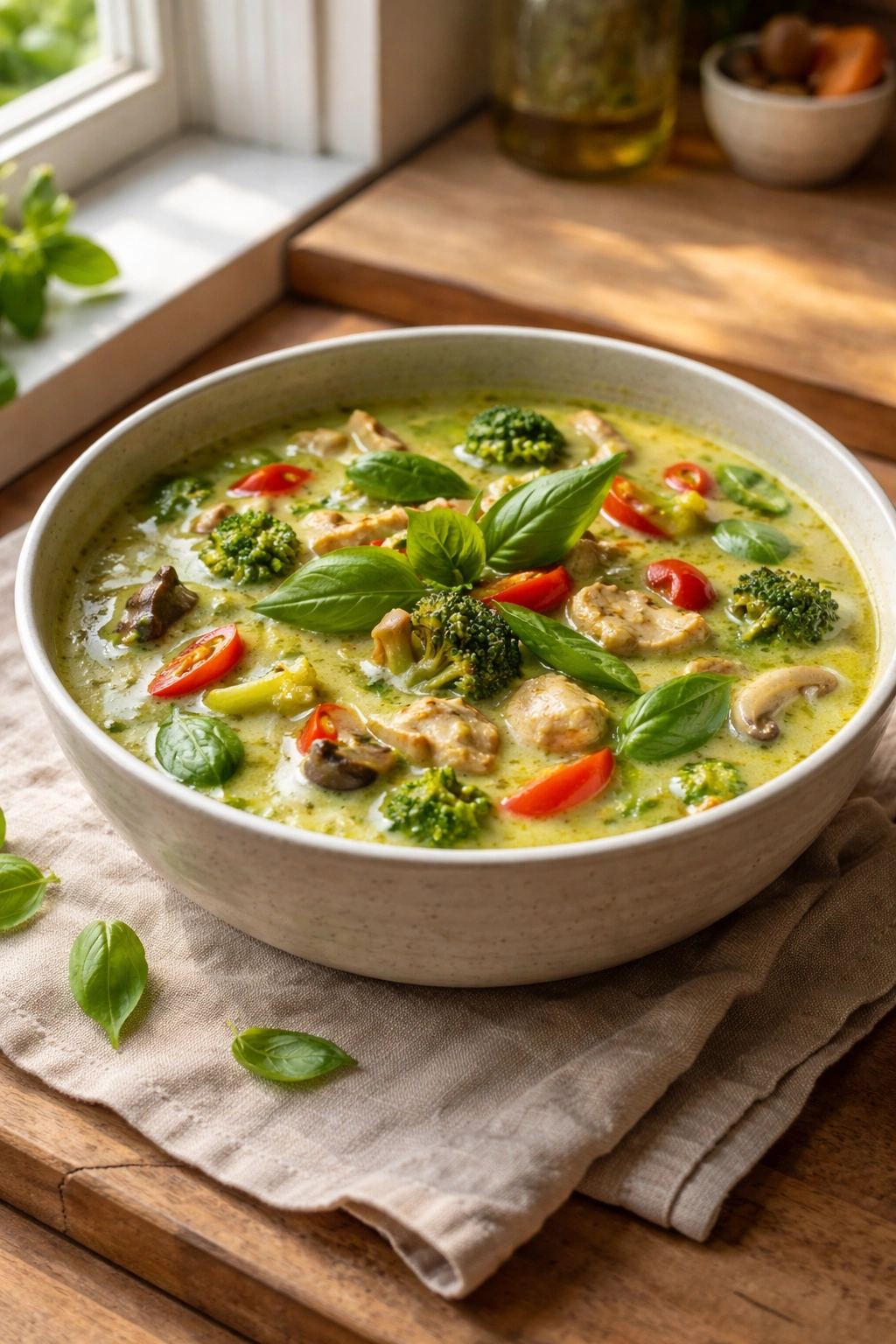 Vibrant Thai green curry in a ceramic bowl with basil