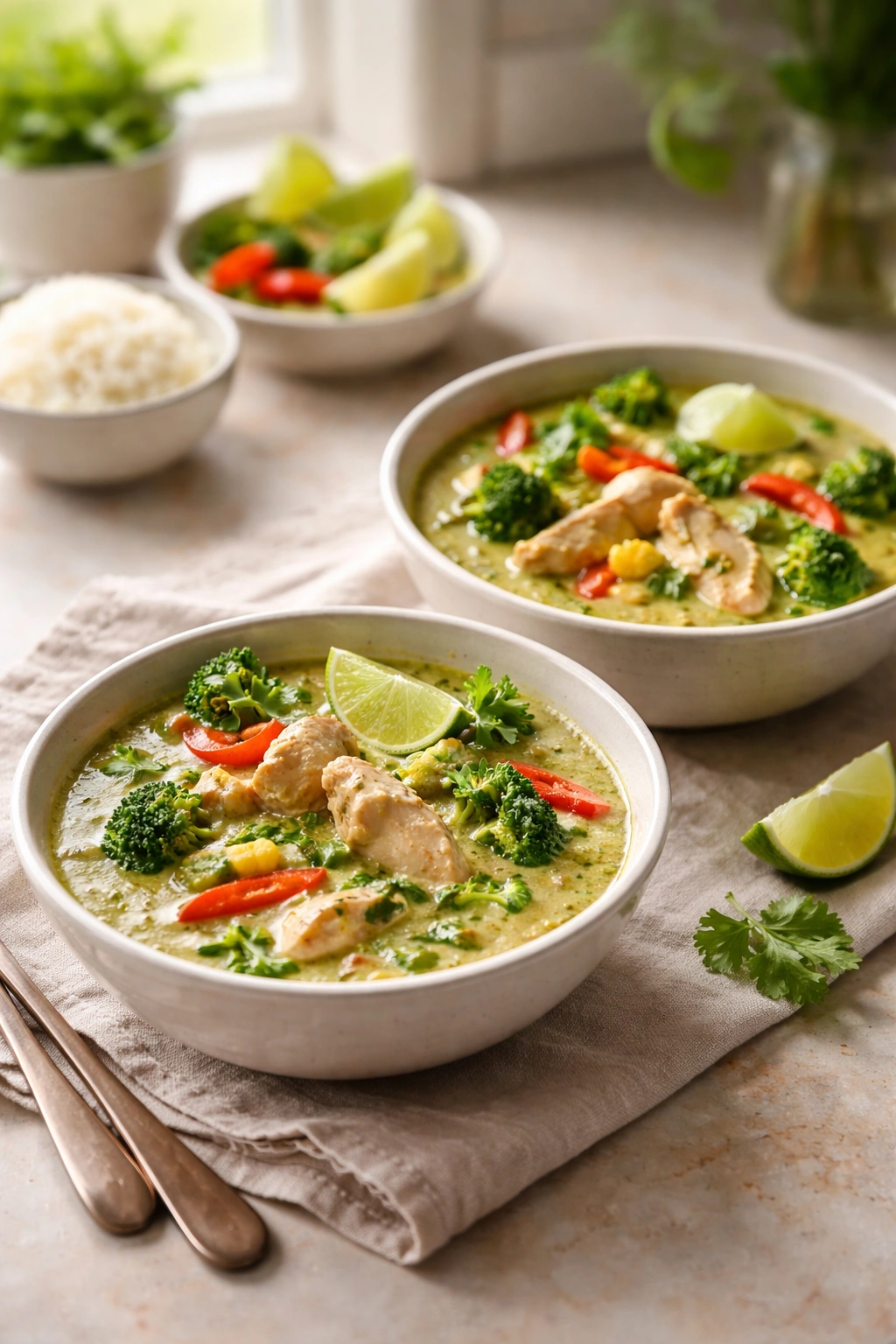 Two bowls of Thai green curry for two servings