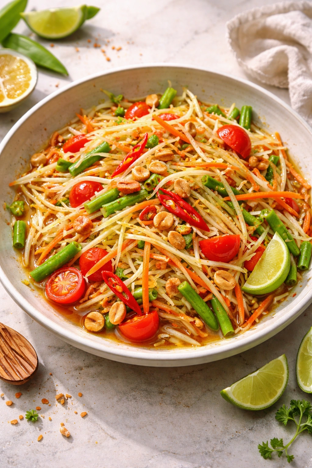 Shredded green papaya salad with carrot and chili in a bright bowl