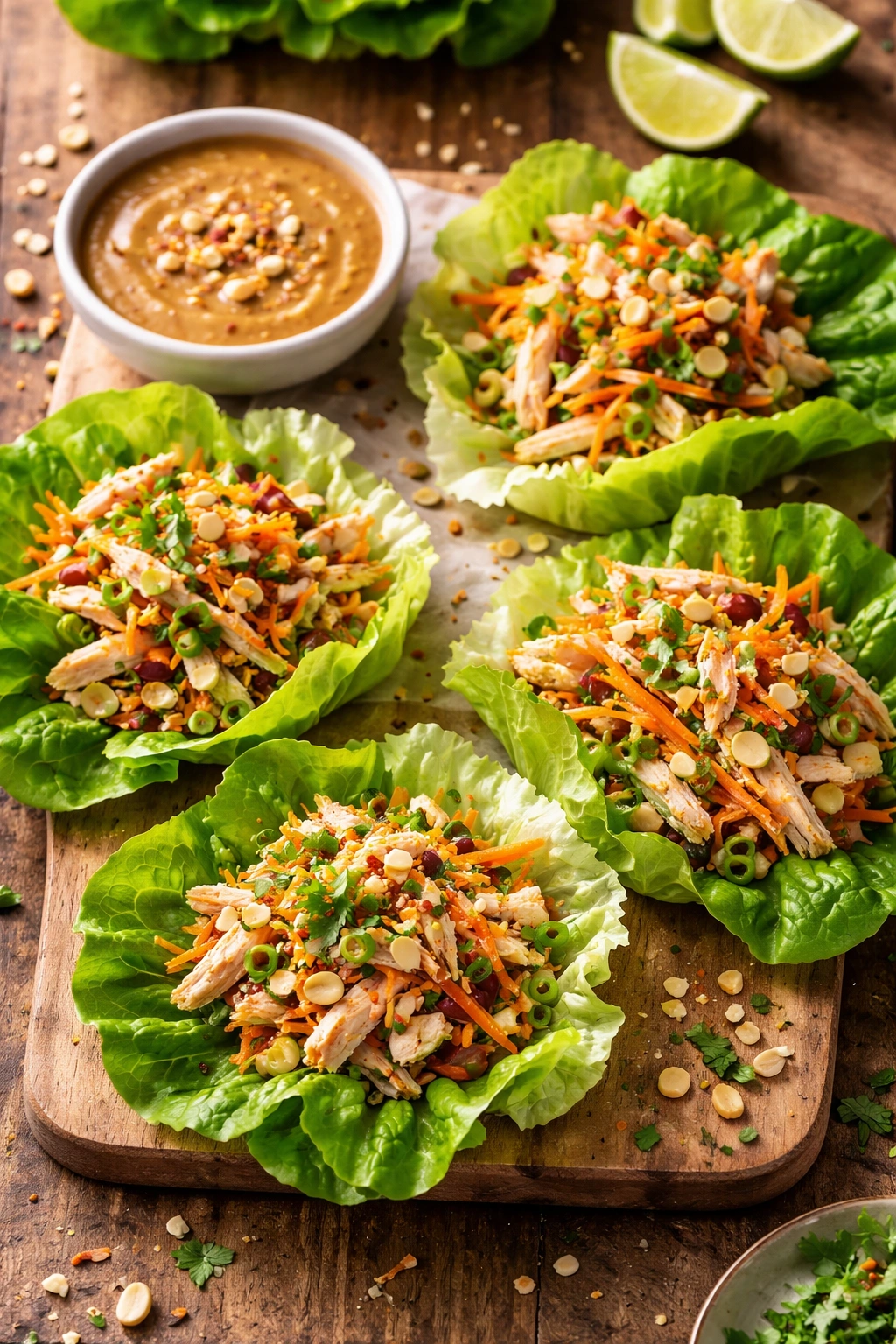 Close-up of lettuce cups filled with chicken and veggies with peanut sauce