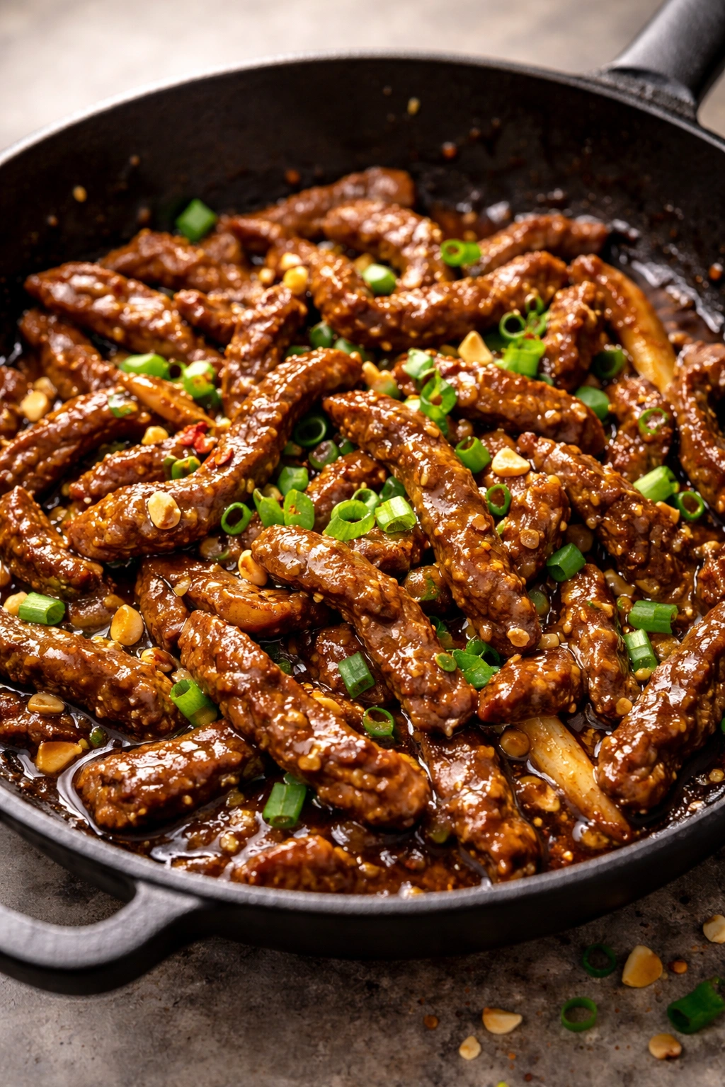 Beef stir-fry with peanut sauce in a dark skillet