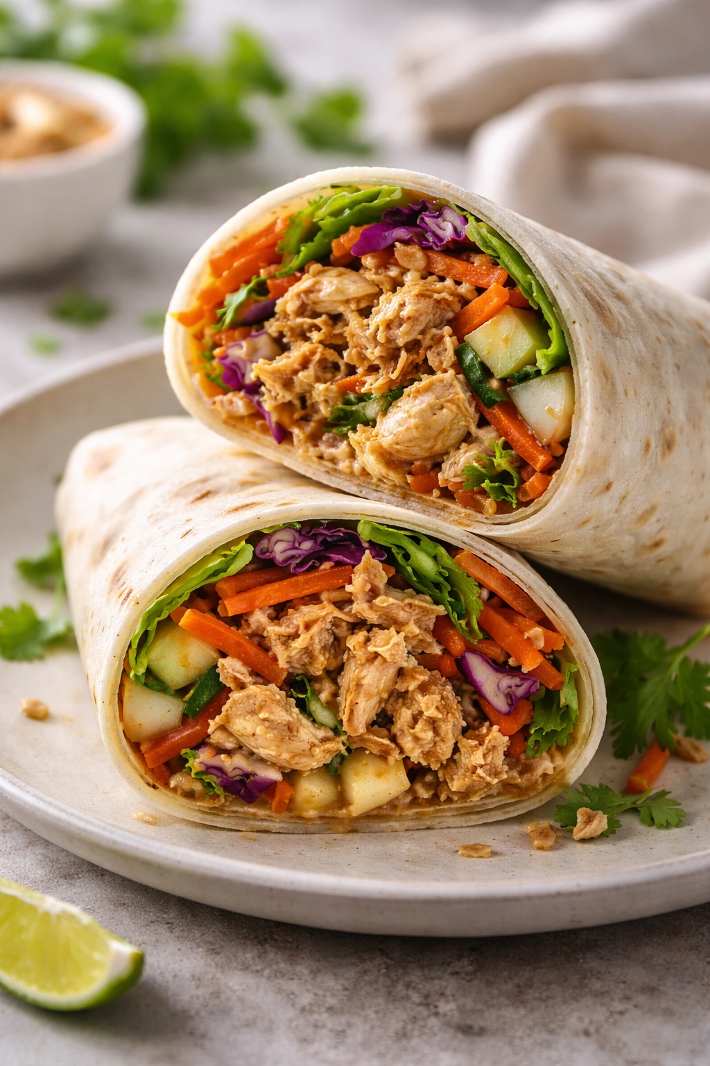 Cross-section of Thai peanut chicken wrap showing peanut-sauce coated chicken and vegetables