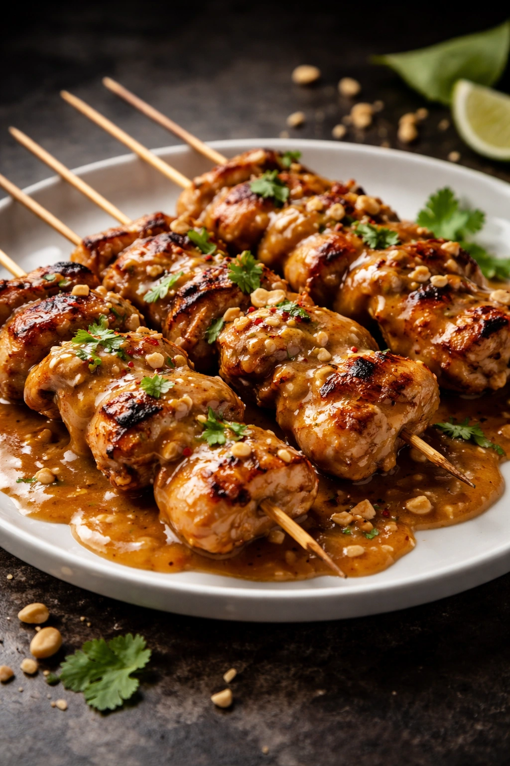 Grilled chicken satay skewers with peanut sauce