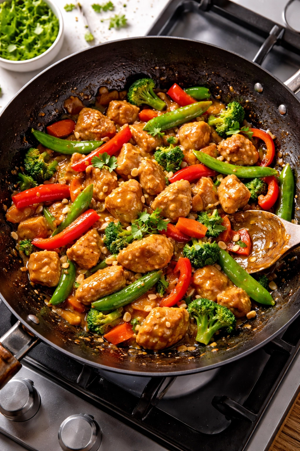 Thai peanut chicken stir-fry in a wok with vegetables