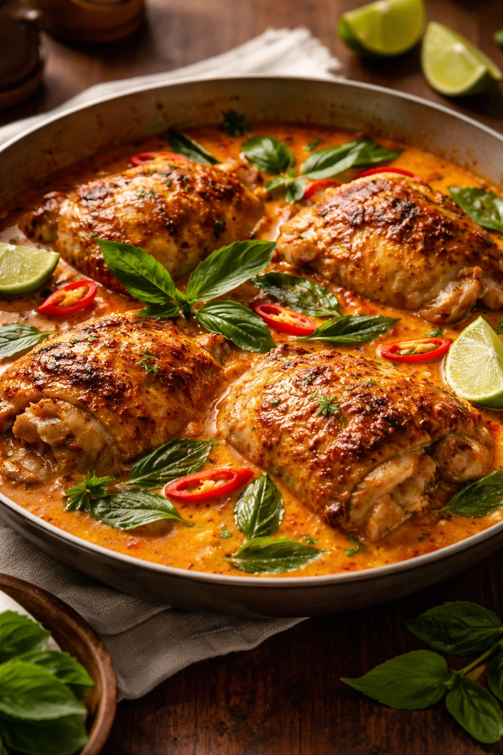 Thai red curry chicken thighs in red curry sauce with coconut milk