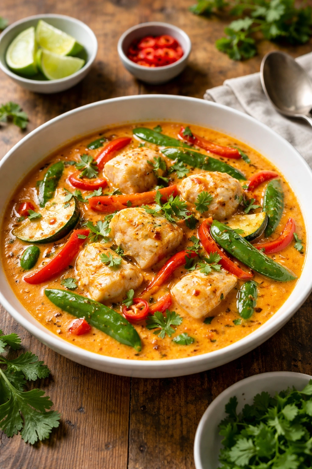 Thai red curry with white fish and vegetables in a bowl