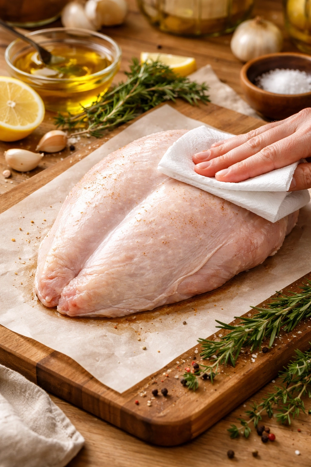 Thawed turkey breast on parchment with dry skin ready for roasting