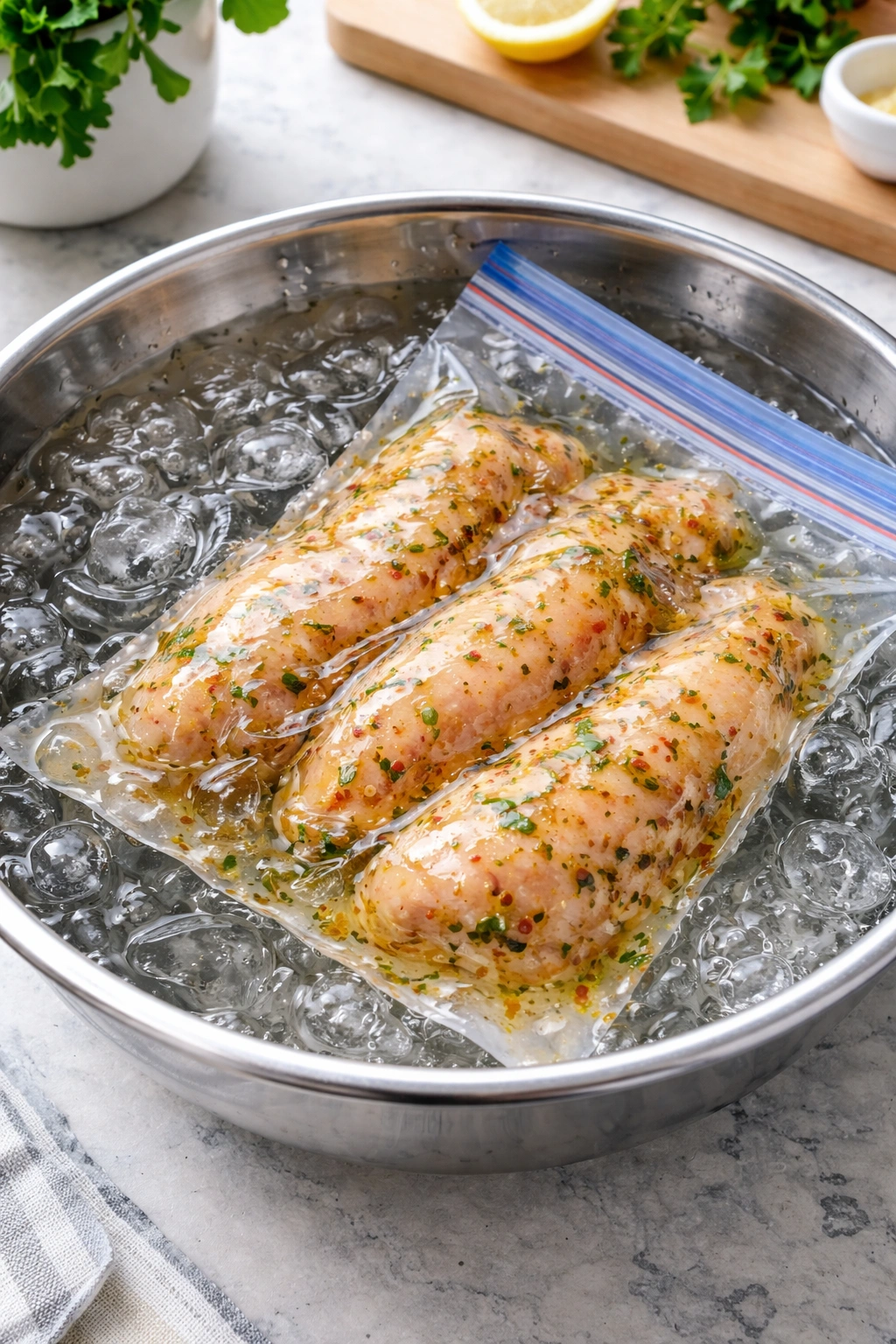 Bag thawing in cold water to thaw marinated chicken