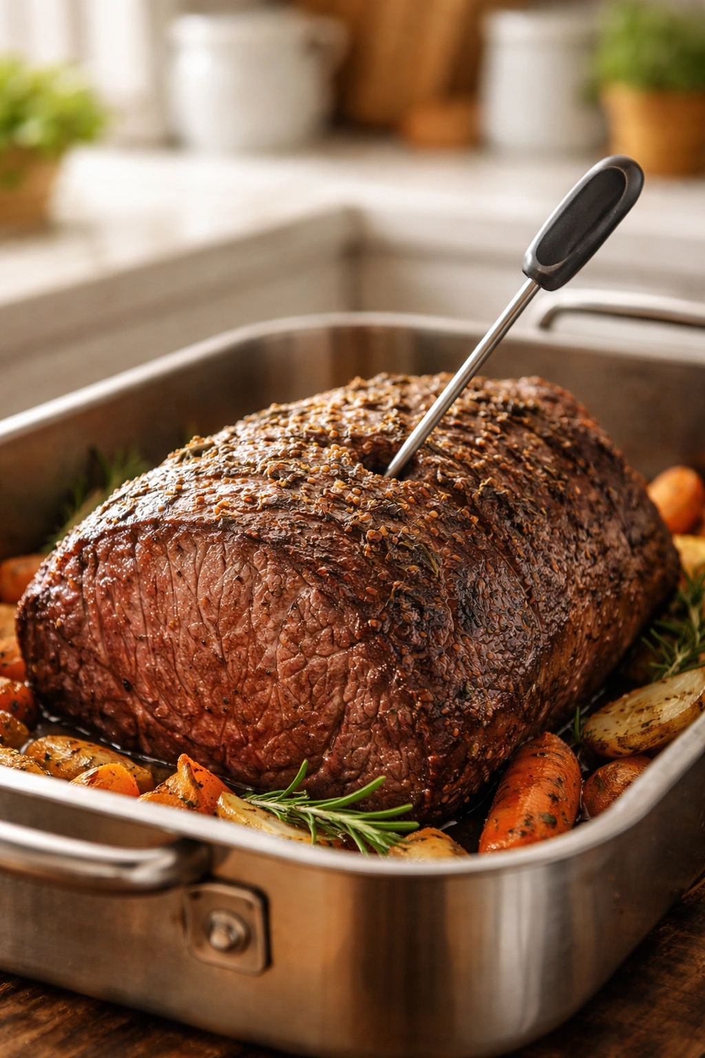 Beef roast with thermometer probe inserted into center