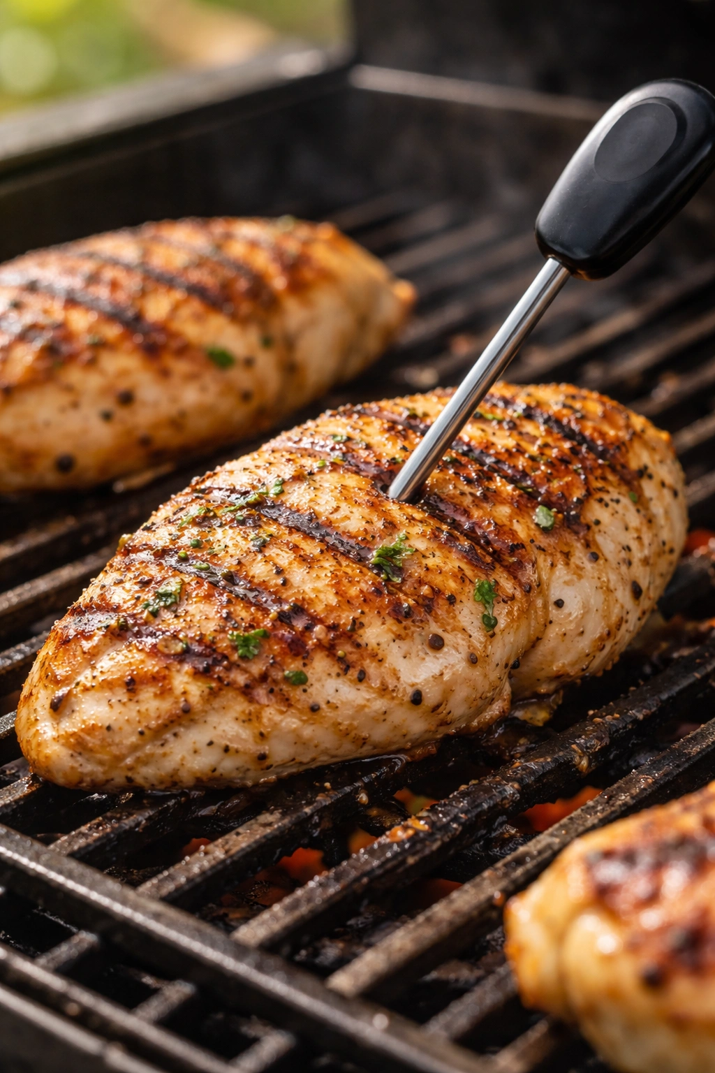 Chicken breast on grill with probe thermometer inserted (display not visible)