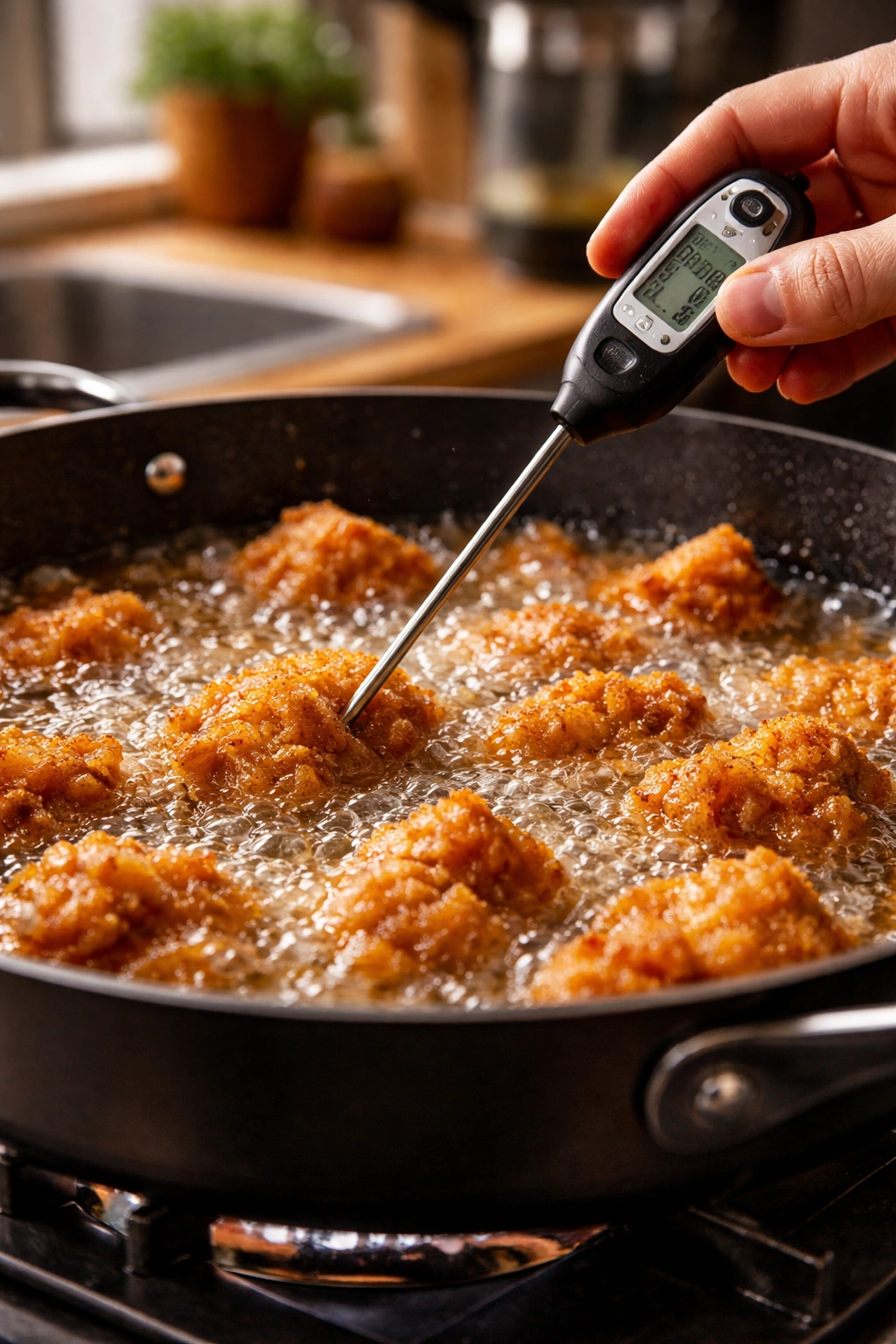 Thermometer measuring frying oil with crispy sesame chicken pieces