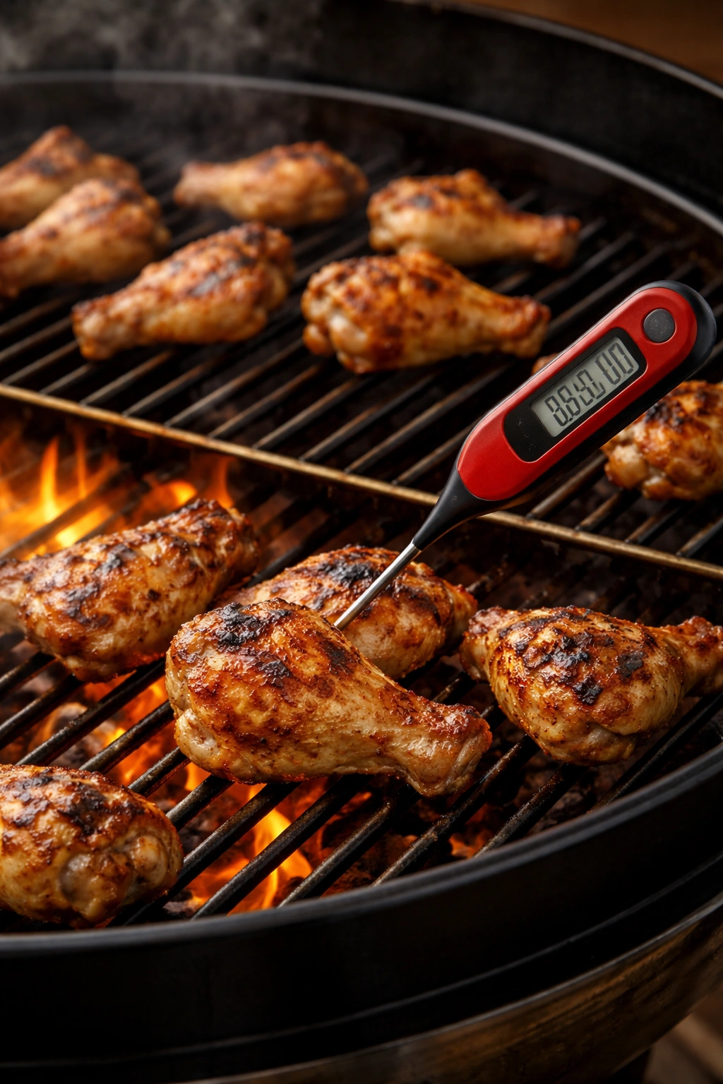 Wings being checked for doneness with a thermometer on a two-zone grill.