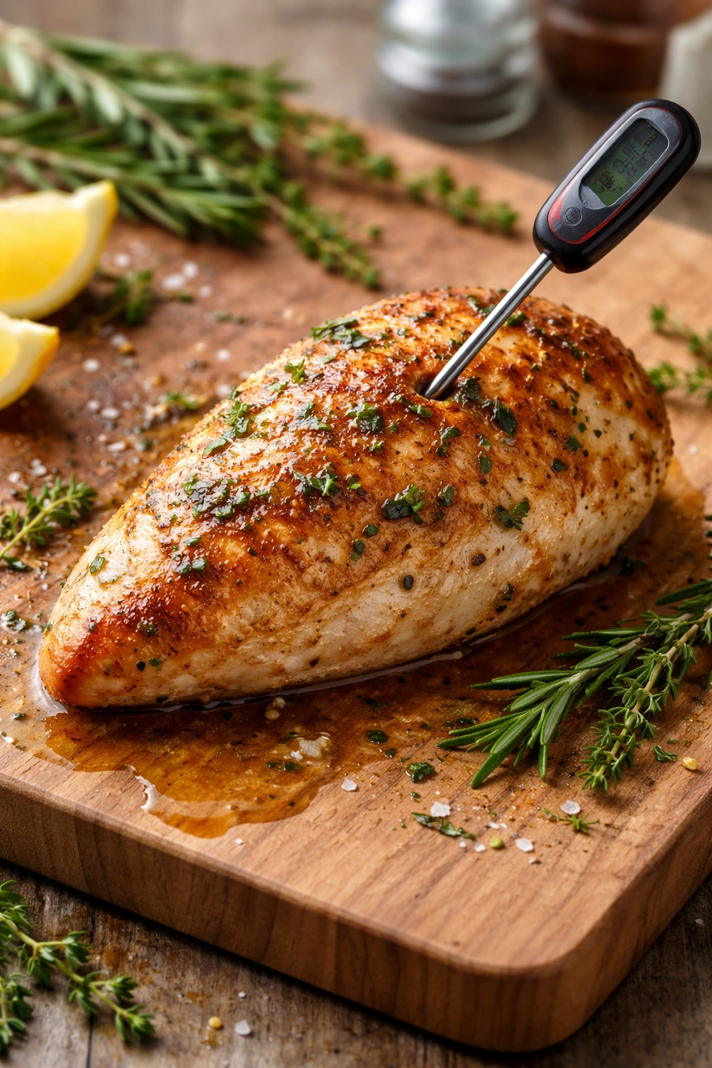 Cooked chicken breast with thermometer and pan juices for juiciness