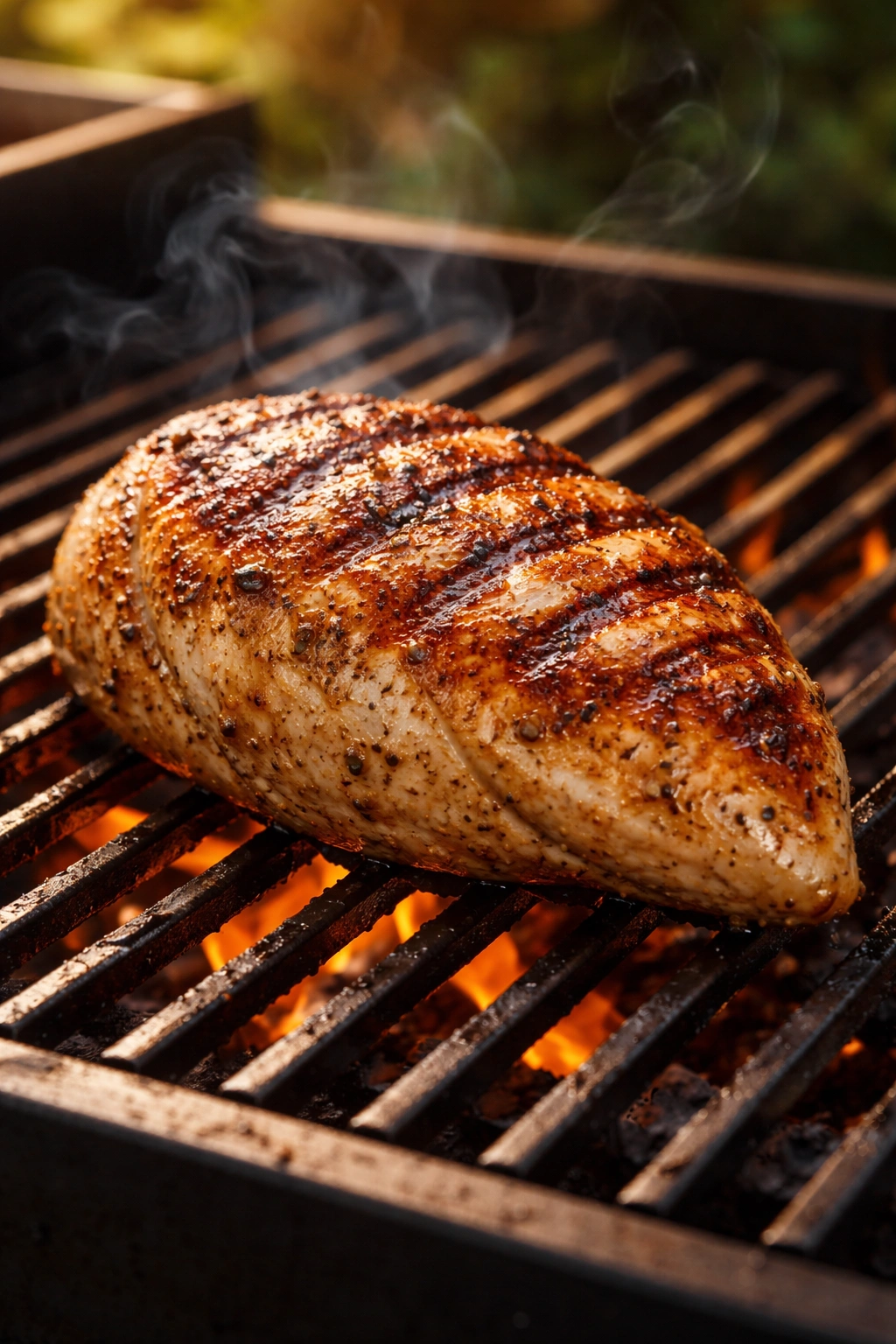 Thick grilled chicken breast with clear sear marks